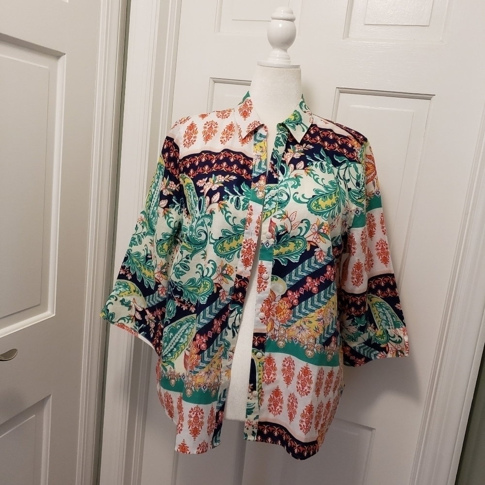 NWT Chico's No Iron Linen Button Front Fusion Print 3/4 Sleeve Ret. $99 Sze 3=16